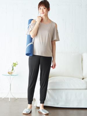 マタニティ トップス|オープンショルダーTシャツ　マタニティ・授乳服|イエロー