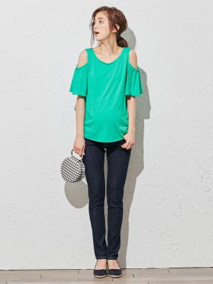 マタニティ トップス|オープンショルダーTシャツ　マタニティ・授乳服|ブルーグリーン