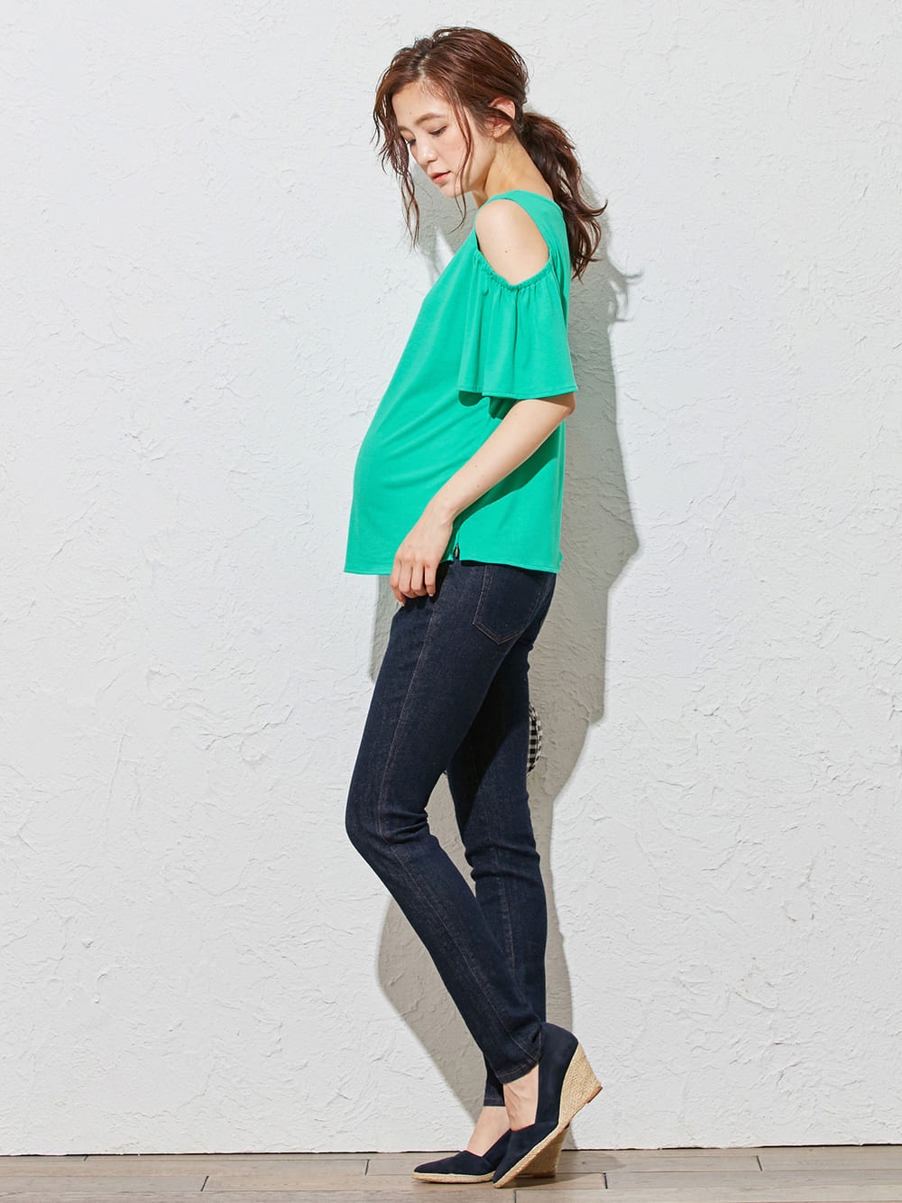 マタニティ トップス|オープンショルダーTシャツ　マタニティ・授乳服|ブルーグリーン