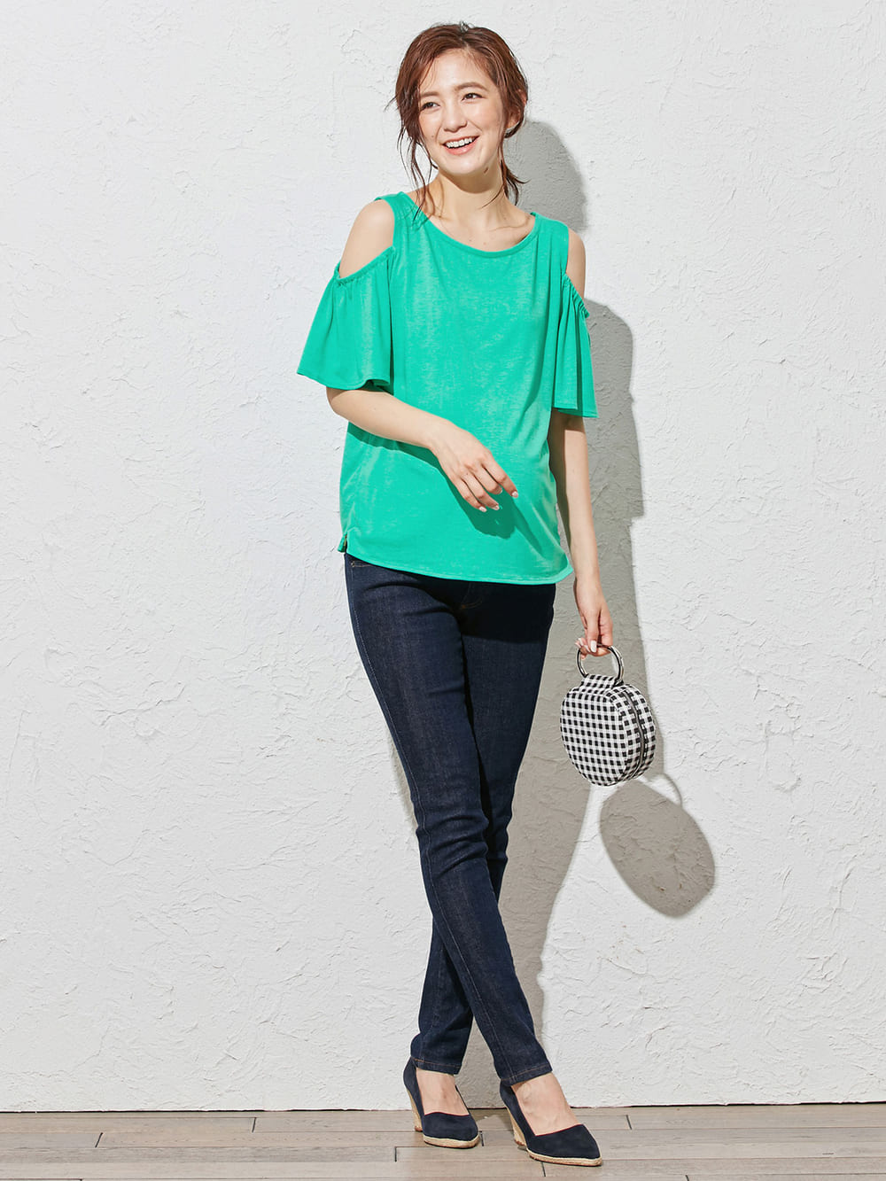 マタニティ トップス|オープンショルダーTシャツ　マタニティ・授乳服|ブルーグリーン