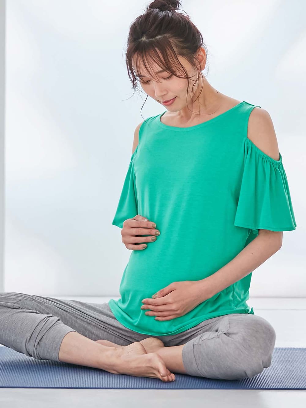 マタニティ トップス|オープンショルダーTシャツ　マタニティ・授乳服|ブルーグリーン