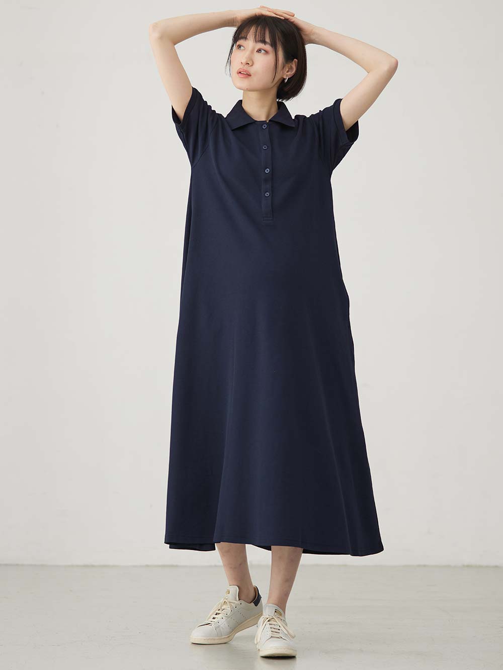 マタニティ ワンピース|【親子コーデ可】半袖ポロマキシワンピース マタニティ・授乳服【出産後も長く使える】|ネイビー