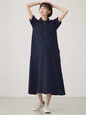 マタニティ ワンピース|【親子コーデ可】半袖ポロマキシワンピース マタニティ・授乳服【出産後も長く使える】|ネイビー