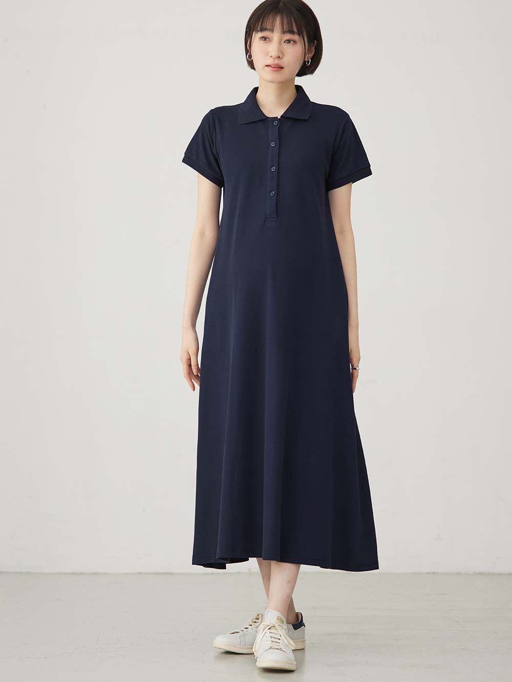 マタニティ ワンピース|【親子コーデ可】半袖ポロマキシワンピース マタニティ・授乳服【出産後も長く使える】|ネイビー