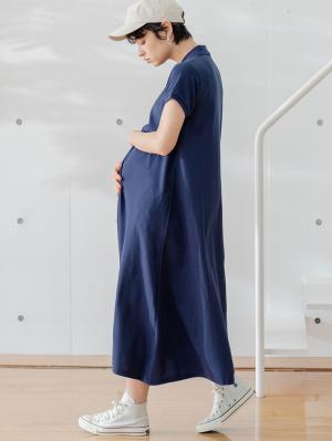 マタニティ ワンピース|【親子コーデ可】半袖ポロマキシワンピース マタニティ・授乳服【出産後も長く使える】|ネイビー