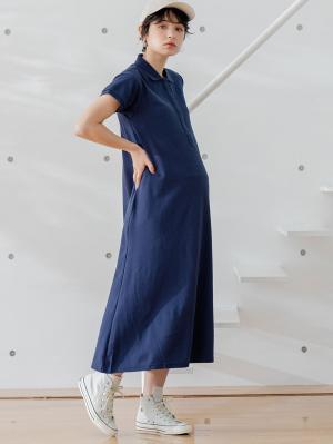 マタニティ ワンピース|【親子コーデ可】半袖ポロマキシワンピース マタニティ・授乳服【出産後も長く使える】|ネイビー