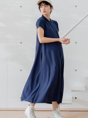 マタニティ ワンピース|【親子コーデ可】半袖ポロマキシワンピース マタニティ・授乳服【出産後も長く使える】|ネイビー