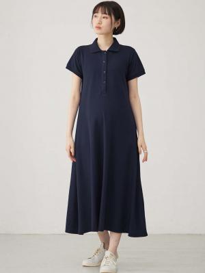 マタニティ ワンピース|【親子コーデ可】半袖ポロマキシワンピース マタニティ・授乳服【出産後も長く使える】|ネイビー
