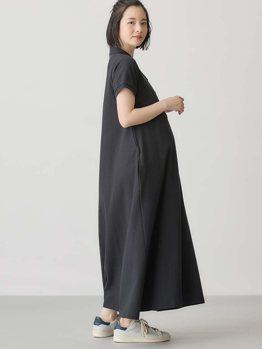 マタニティ ワンピース|【親子コーデ可】半袖ポロマキシワンピース マタニティ・授乳服【出産後も長く使える】|ブラック