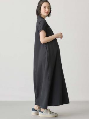 マタニティ ワンピース|【親子コーデ可】半袖ポロマキシワンピース マタニティ・授乳服【出産後も長く使える】|ブラック
