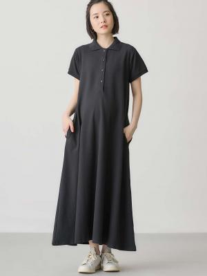 マタニティ ワンピース|【親子コーデ可】半袖ポロマキシワンピース マタニティ・授乳服【出産後も長く使える】|ブラック