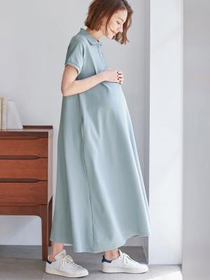 マタニティ ワンピース|【親子コーデ可】半袖ポロマキシワンピース マタニティ・授乳服【出産後も長く使える】|サックス