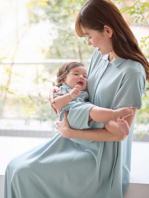 マタニティ ワンピース|【親子コーデ可】半袖ポロマキシワンピース マタニティ・授乳服【出産後も長く使える】|サックス