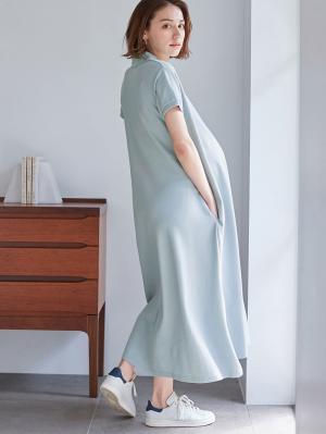 マタニティ ワンピース|【親子コーデ可】半袖ポロマキシワンピース マタニティ・授乳服【出産後も長く使える】|サックス
