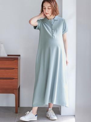 マタニティ ワンピース|【親子コーデ可】半袖ポロマキシワンピース マタニティ・授乳服【出産後も長く使える】|サックス