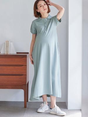 マタニティ ワンピース|【親子コーデ可】半袖ポロマキシワンピース マタニティ・授乳服【出産後も長く使える】|サックス