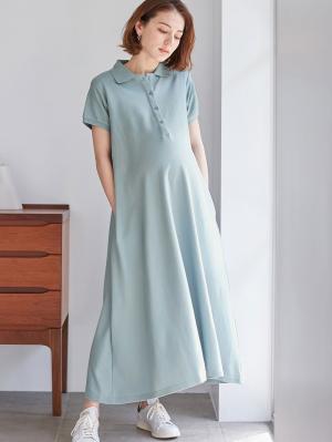 マタニティ ワンピース|【親子コーデ可】半袖ポロマキシワンピース マタニティ・授乳服【出産後も長く使える】|サックス