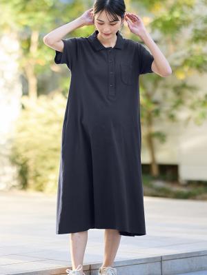 マタニティ ワンピース|【親子コーデ可】半袖ポロワンピース(ひざ下丈) マタニティ・授乳服【出産後も長く使える】|ネイビー