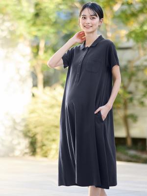 マタニティ ワンピース|【親子コーデ可】半袖ポロワンピース(ひざ下丈) マタニティ・授乳服【出産後も長く使える】|ネイビー
