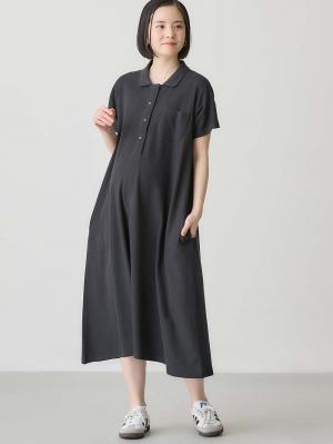 マタニティ ワンピース|【親子コーデ可】半袖ポロワンピース(ひざ下丈) マタニティ・授乳服【出産後も長く使える】|ブラック