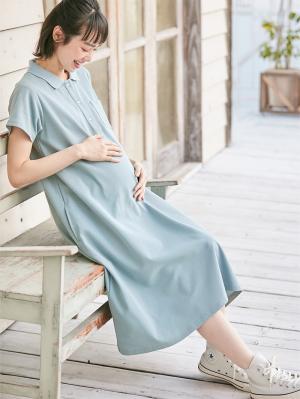 マタニティ ワンピース|【親子コーデ可】半袖ポロワンピース(ひざ下丈) マタニティ・授乳服【出産後も長く使える】|サックス