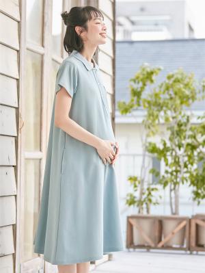 マタニティ ワンピース|【親子コーデ可】半袖ポロワンピース(ひざ下丈) マタニティ・授乳服【出産後も長く使える】|サックス