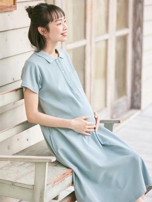 マタニティ ワンピース|【親子コーデ可】半袖ポロワンピース(ひざ下丈) マタニティ・授乳服【出産後も長く使える】|サックス