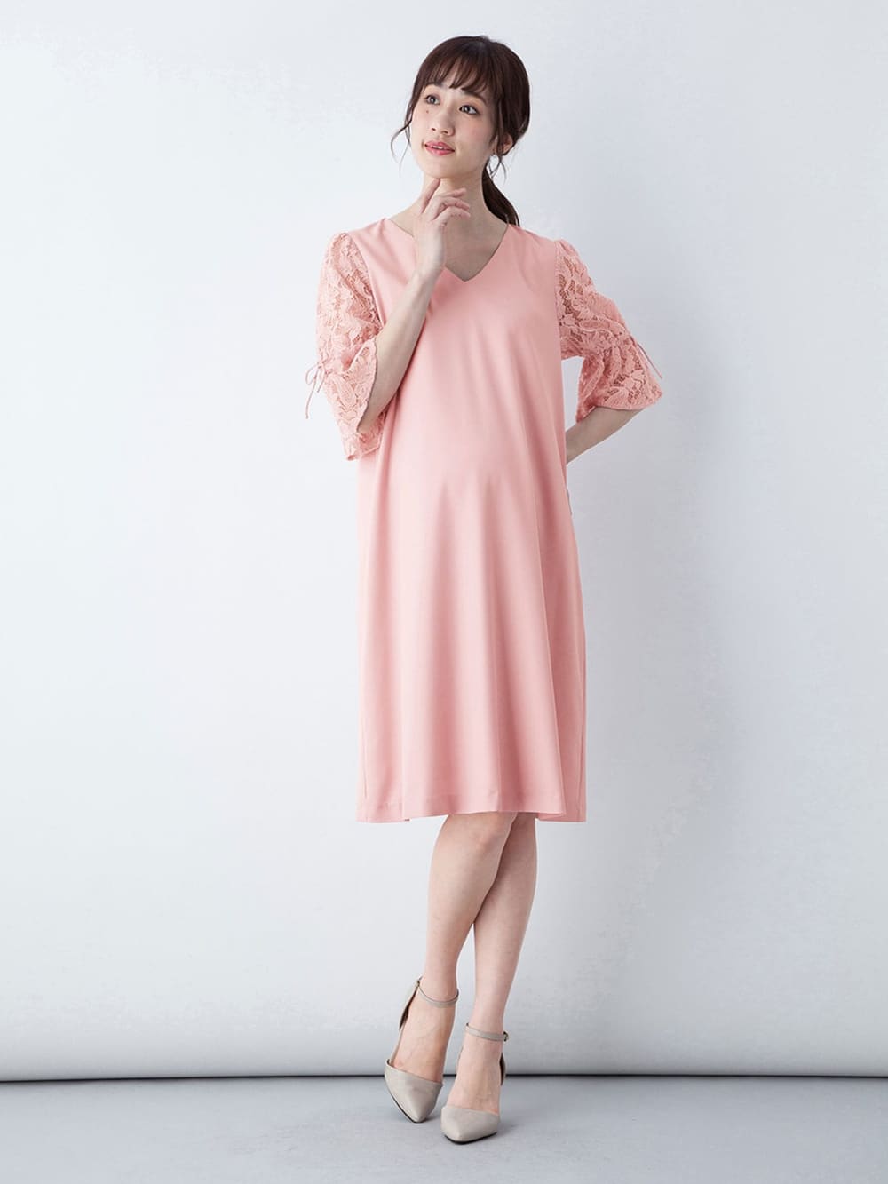 マタニティ ワンピース 授乳口付 Vネックレーススリーブワンピース マタニティウェア 授乳服通販 エンジェリーベ 公式