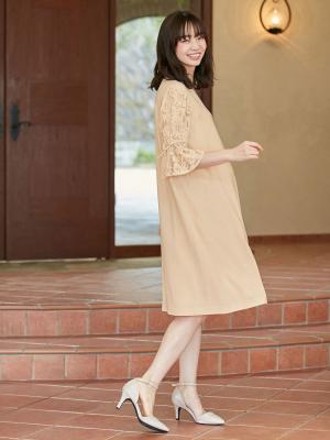 マタニティ ワンピース|Vネックレーススリーブワンピース　マタニティ・授乳服|ピンクベージュ