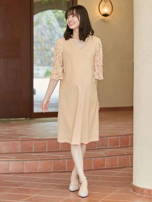 マタニティ ワンピース|Vネックレーススリーブワンピース　マタニティ・授乳服|ピンクベージュ