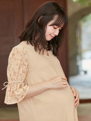 マタニティ ワンピース|Vネックレーススリーブワンピース　マタニティ・授乳服|ピンクベージュ