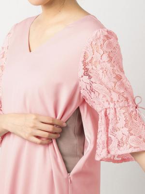 マタニティ ワンピース|Vネックレーススリーブワンピース　マタニティ・授乳服