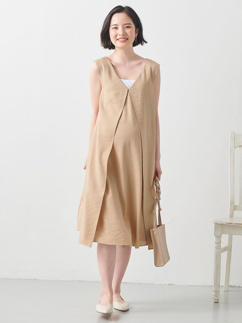 マタニティワンピース フロントレイヤードノースリーブワンピース マタニティ・授乳服