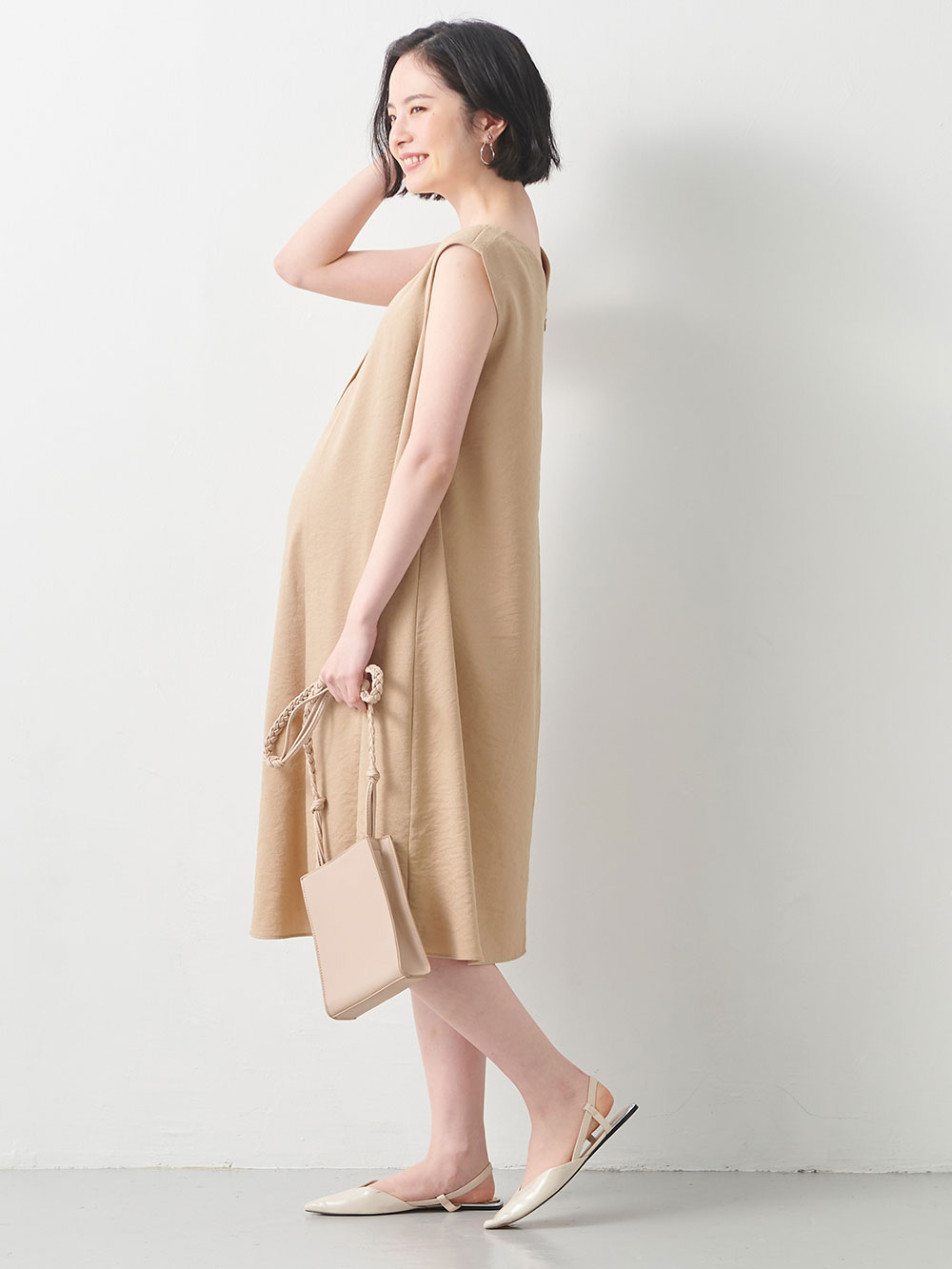 マタニティ ワンピース|フロントレイヤードノースリーブワンピース　マタニティ・授乳服|ベージュ