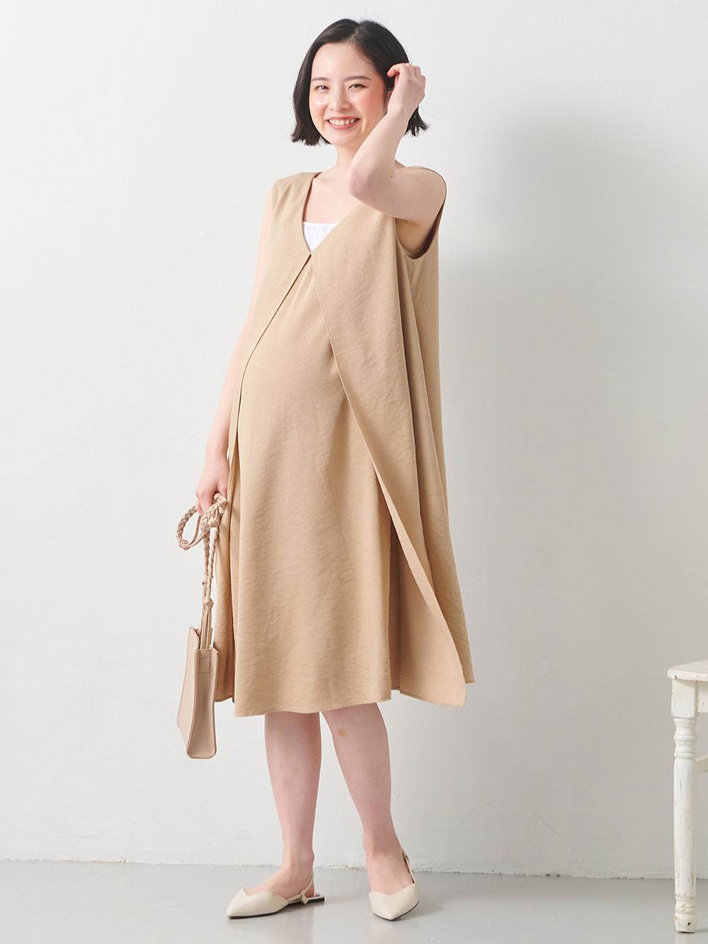 マタニティ ワンピース|フロントレイヤードノースリーブワンピース　マタニティ・授乳服|ベージュ