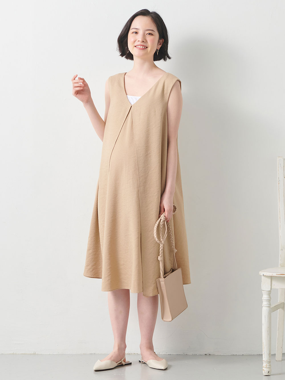 マタニティ ワンピース|フロントレイヤードノースリーブワンピース　マタニティ・授乳服|ベージュ
