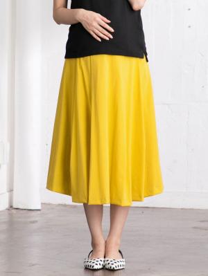 マタニティ スカート|【産前産後対応】ミモレ丈タックフレアスカート【出産後も長く使える】|イエロー