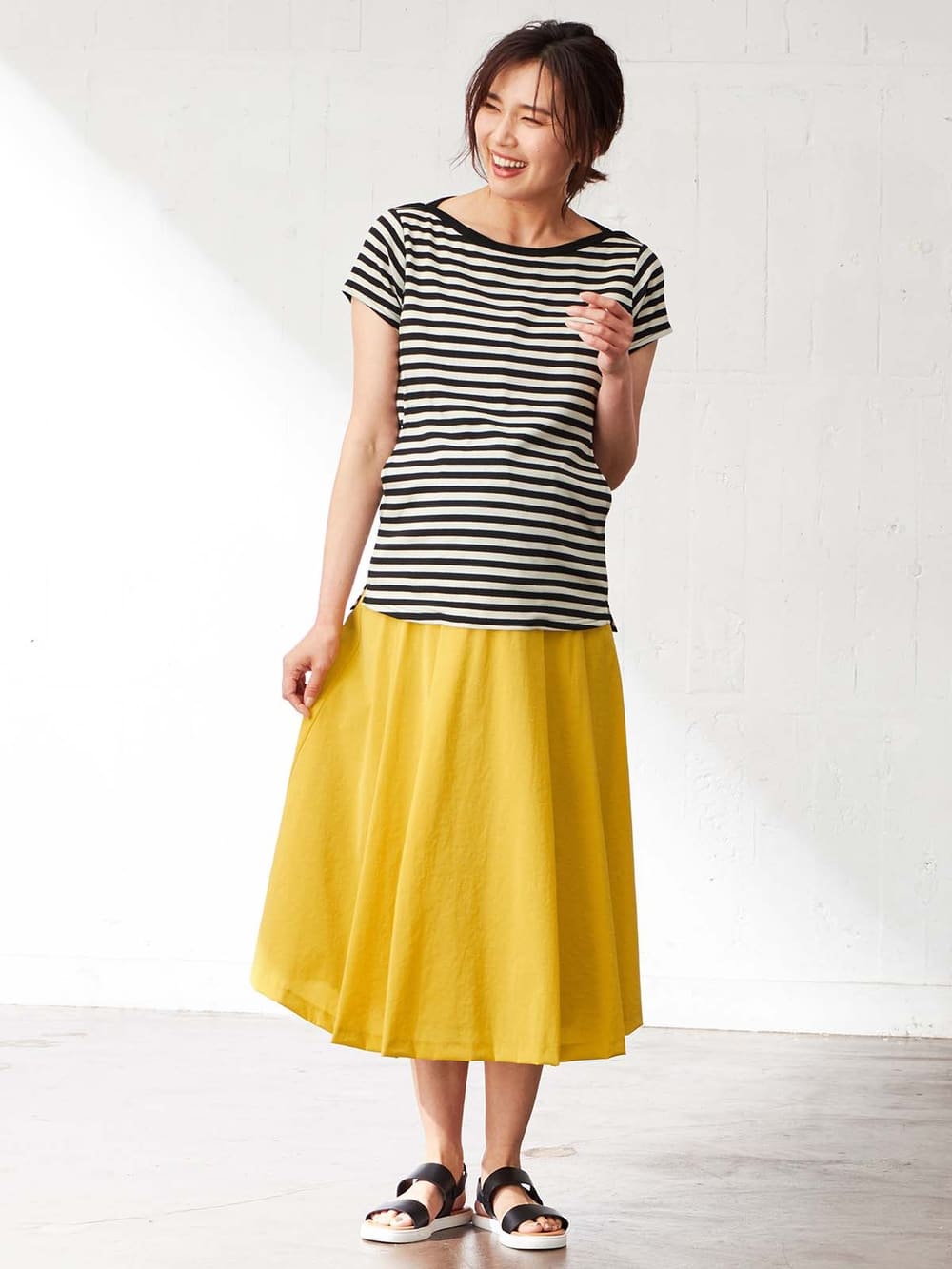 マタニティ スカート|【産前産後対応】ミモレ丈タックフレアスカート【出産後も長く使える】|イエロー