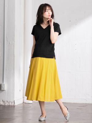 マタニティ スカート|【産前産後対応】ミモレ丈タックフレアスカート【出産後も長く使える】|イエロー
