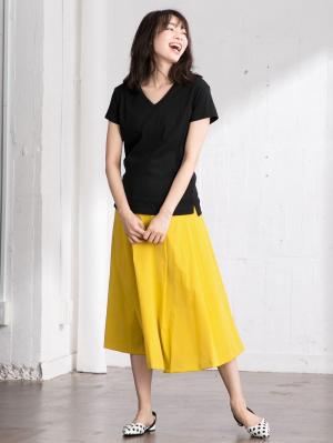 マタニティ スカート|【産前産後対応】ミモレ丈タックフレアスカート【出産後も長く使える】|イエロー