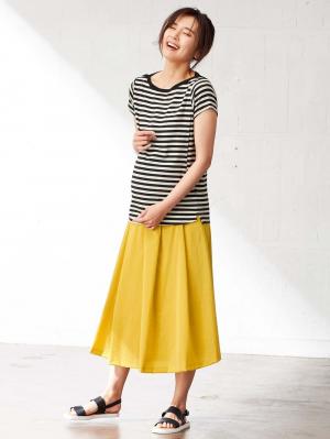 マタニティ スカート|【産前産後対応】ミモレ丈タックフレアスカート【出産後も長く使える】|イエロー