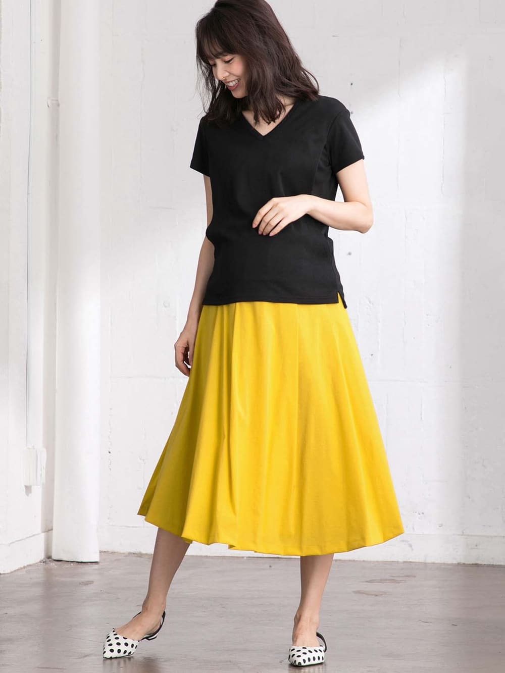マタニティ スカート|【産前産後対応】ミモレ丈タックフレアスカート【出産後も長く使える】|イエロー