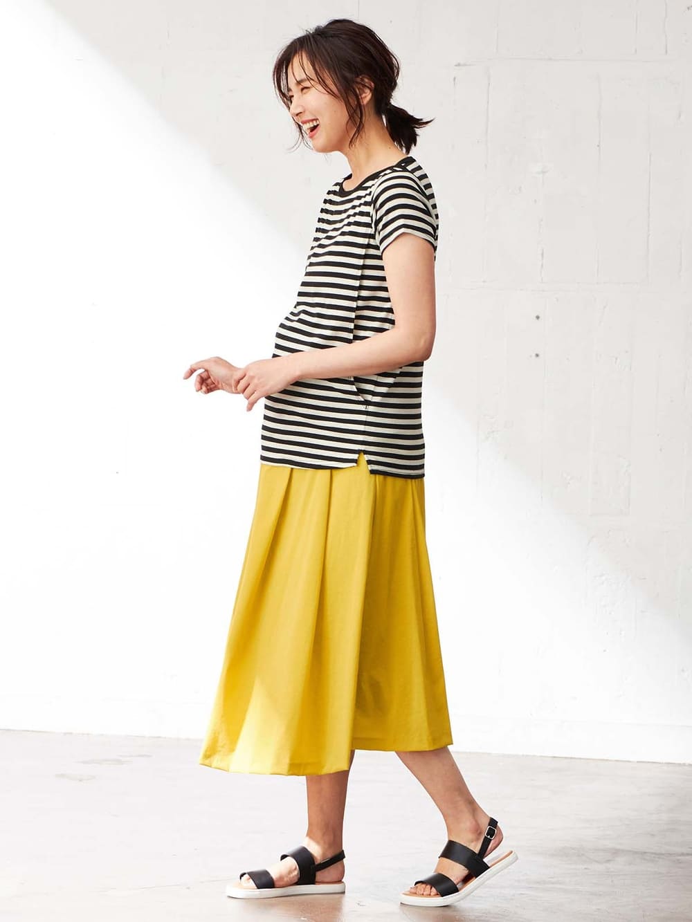 マタニティ スカート|【産前産後対応】ミモレ丈タックフレアスカート【出産後も長く使える】|イエロー
