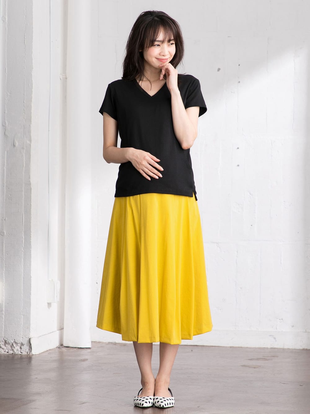 マタニティ スカート|【産前産後対応】ミモレ丈タックフレアスカート【出産後も長く使える】|イエロー