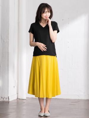 マタニティ スカート|【産前産後対応】ミモレ丈タックフレアスカート【出産後も長く使える】|イエロー