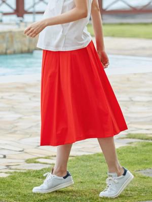 マタニティ スカート|【産前産後対応】ミモレ丈タックフレアスカート【出産後も長く使える】|レッド