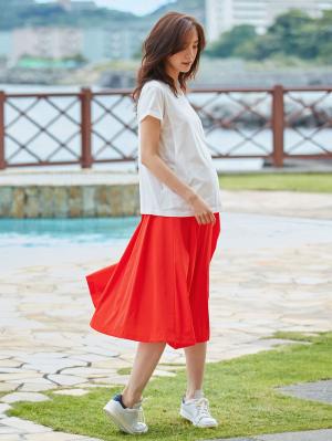 マタニティ スカート|【産前産後対応】ミモレ丈タックフレアスカート【出産後も長く使える】|レッド