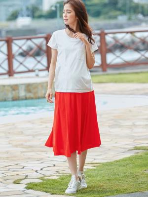 マタニティ スカート|【産前産後対応】ミモレ丈タックフレアスカート【出産後も長く使える】|レッド