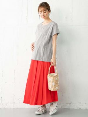 マタニティ スカート|【産前産後対応】ミモレ丈タックフレアスカート【出産後も長く使える】|レッド