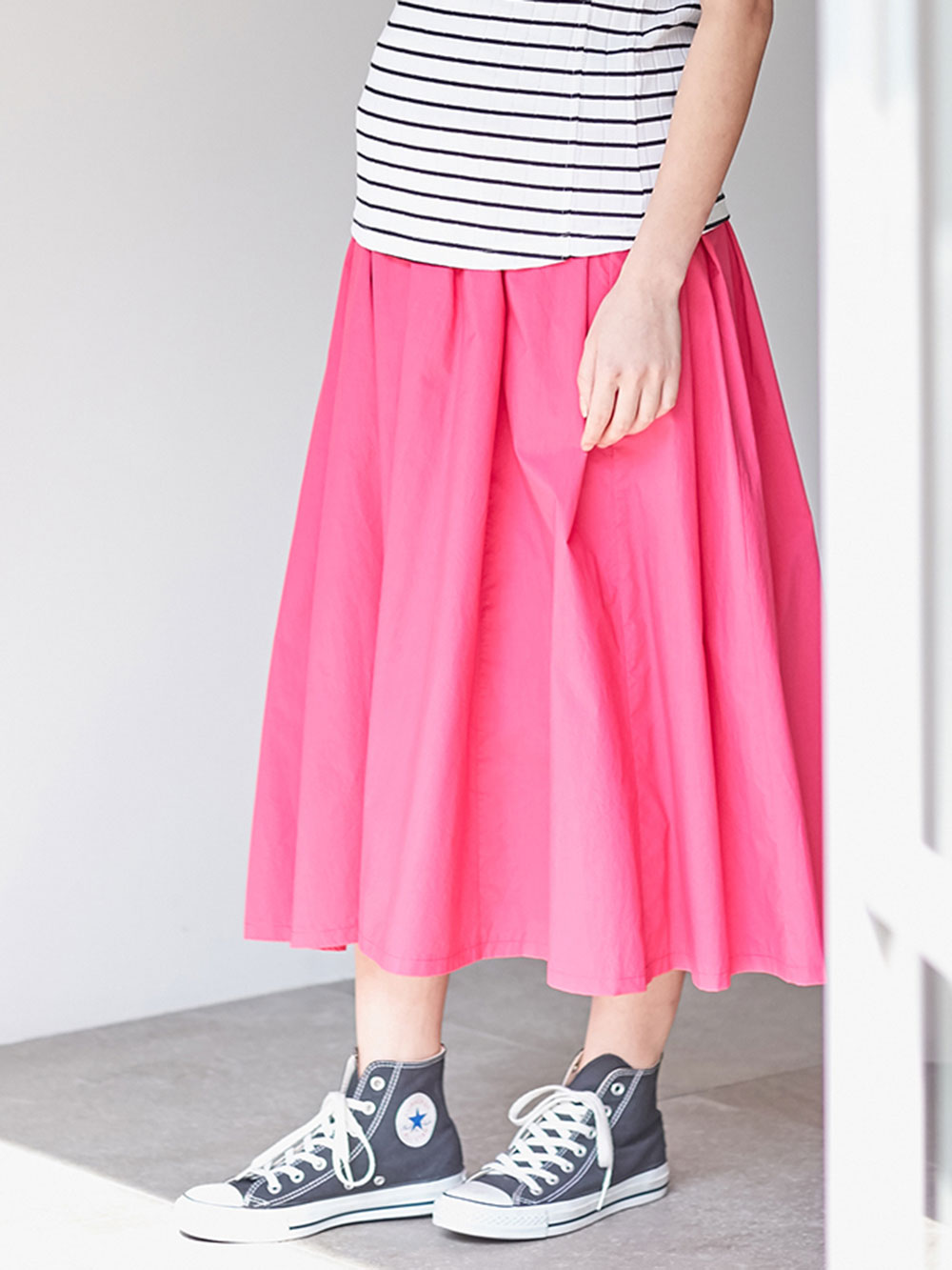 マタニティ スカート|【産前産後対応】タックフレアスカート【出産後も長く使える】|ピンク